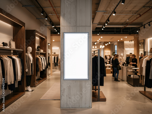 Fashion Frame: Blank Vertical Display on Retail Column—Polished Concrete, Warm Light, and 8K Luxury Store Clarity