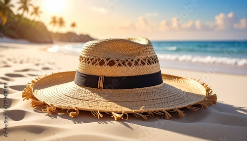 Wide-brimmed straw hat with black ribbon rests on sandy beach, ocean backdrop