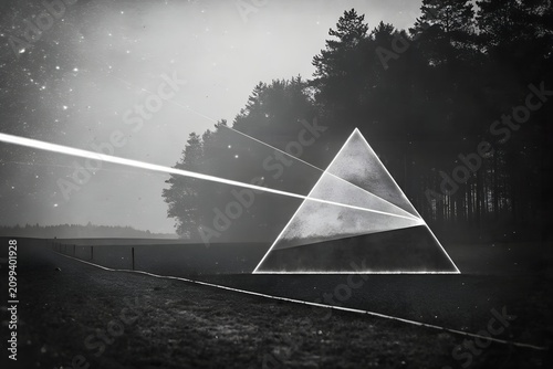 Mystical pyramid in landscape black and white surreal digital art