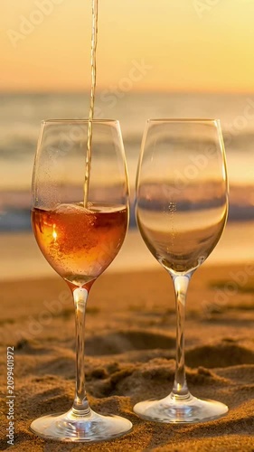 Wine Being Poured Into Glass On Beach At Sunset