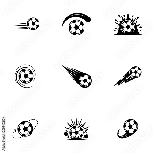 Soccer balls are depicted with speed lines and explosive effects in this set of artistic illustrations.