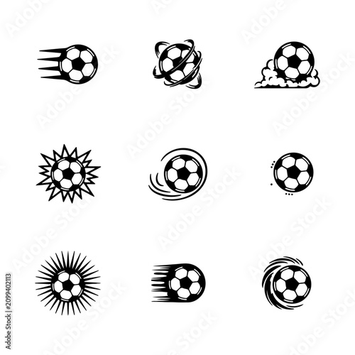 Soccer balls appear in various energetic poses within this set of simple black and white vector icons.