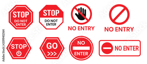 Foto Red stop, no entry, and go signs set with various shapes and symbols on transpar