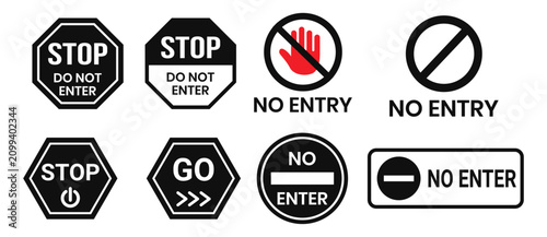 Foto Black stop, no entry, and go signs set with various shapes and symbols on transp