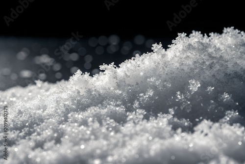 Close up of freshly fallen snow with sparkling crystals and dark background