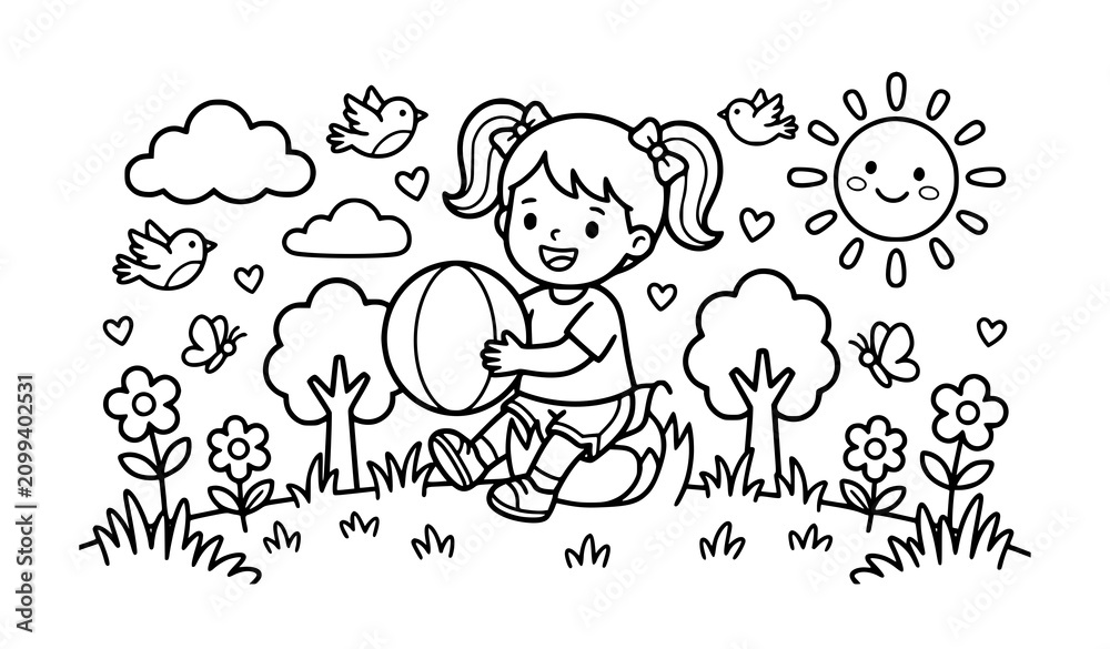 Fototapeta premium Happy Girl with Ball Printable Coloring Activity Sheet for Children