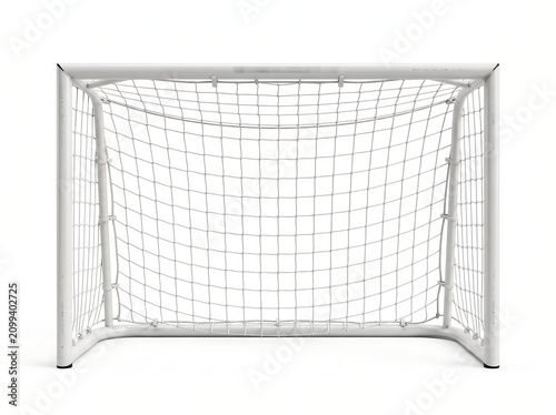 Front view of a white soccer goal with a net, isolated on a clean white background.