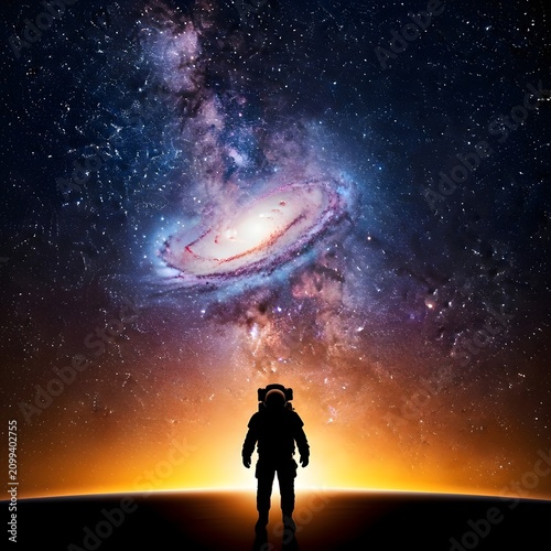 Astronaut silhouette standing on a planet surface looking at a glowing spiral galaxy