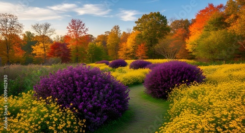 Beautiful garden path surrounded by vibrant purple and yellow flowers in the autumn