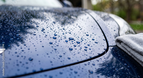 Close view of water droplets on a blue car hood after washing, with glossy paint and soft outdoor reflections with professional detailing supplies