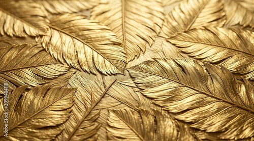 Metallic leaf relief arranged on radial gold textured surface