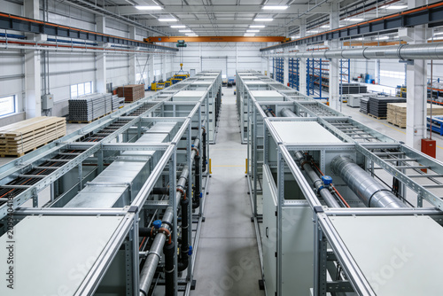 Tableau sur toile Modern industrial facility with rows of server racks and complex piping systems