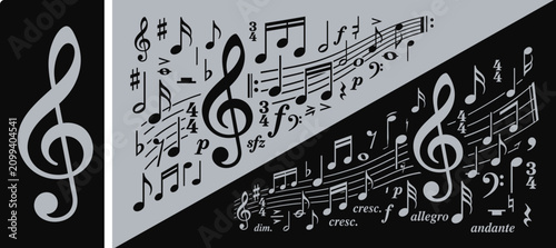 Cuadro en lienzo Musical notes and clef vector symbols on a dual contrast black and gray backgrou