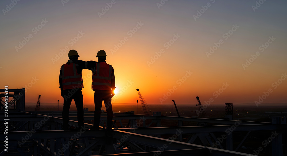 Fototapeta premium Two construction workers standing together during sunset on rooftop
