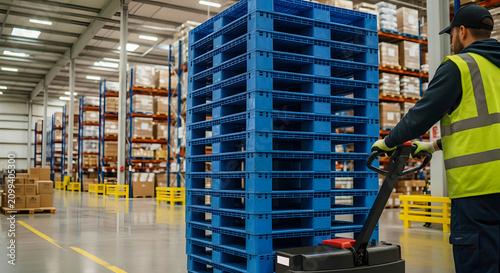 Worker using pallet jack in large industrial warehouse with blue plastic crates