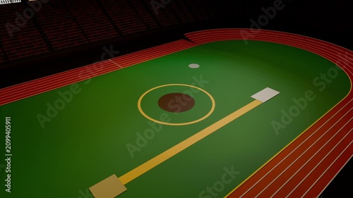 Camera panning, long yellow runway sliding and rotating across stadium turf to reveal square plates