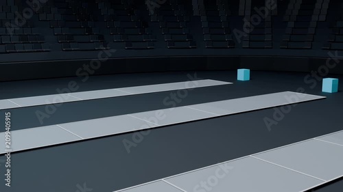 Shifting camera rightward, 3 cyan cubes moving along gray lanes with arena seating revealing seams