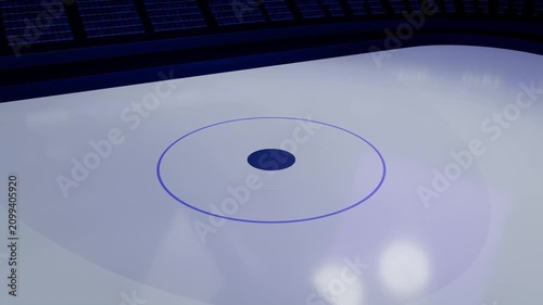 Pulling back camera revealing center ice in arena, showing more rink, face-off dot and seating