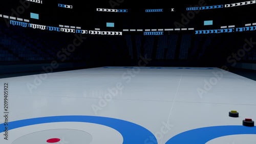 Moving camera revealing curling rink at arena, highlighting houses, stone cluster, and reflections