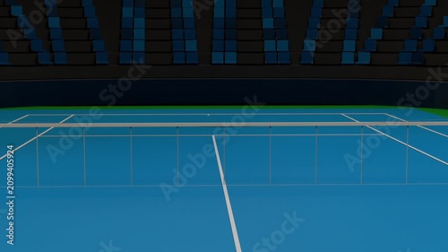 Recording fixed camera nudging forward and tilting, capturing centered blue tennis court with net