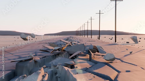 Cracking two-lane desert highway opening at center, lifting slabs and exposing metal pod in fissure