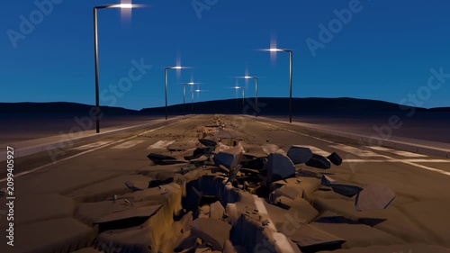 Opening narrow crack sending asphalt slabs buckling along road at dusk exposing cavity double lines