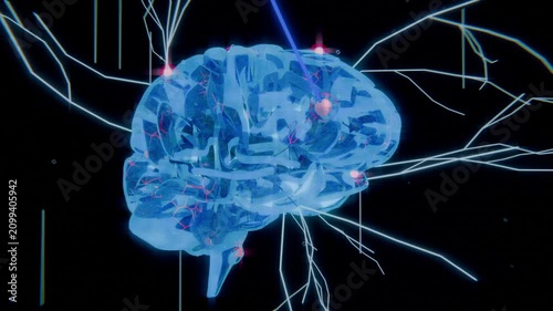 Pulling back camera revealing translucent brain in dark void, pulsing nodes and lightning filaments