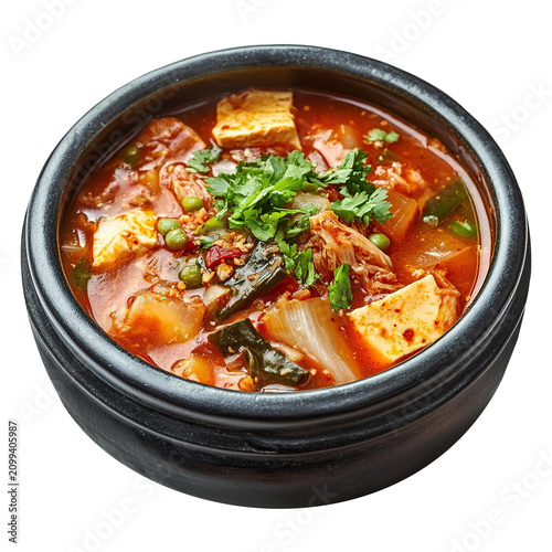 Asian soup named Kimchi Jjigae isolated on transparent background