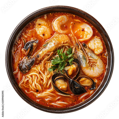 Spicy seafood noodle soup named Jjamppong isolated on transparent background