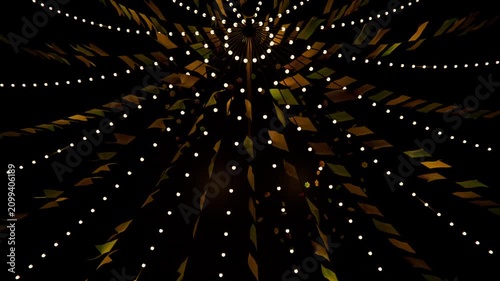 Tilting camera up capturing central hub canopy at night, revealing radial bulb strings and pennants