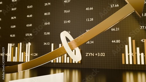 Data wall activating, gold arrow with ring sweeping up-right in studio, showing percent and bars