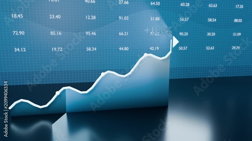 Animating 3D area chart plotting white trend line with tracking dot on blue grid, showing +186%