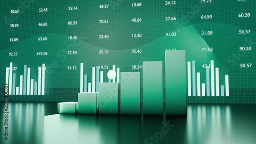Starting animation forming six green bar steps white sphere climbing at CGI set arrow showing gain