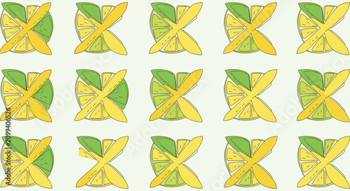 Vibrant seamless pattern features abstract citrus lime slices crossed with yellow blades on a soft green background.