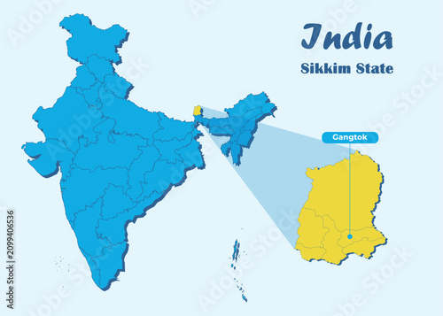 Sikkim state highlighted in yellow in Indian map with editable vector illustration. Political map showing the location of Sikkim with Gangtok marked, suitable for education, travel.
