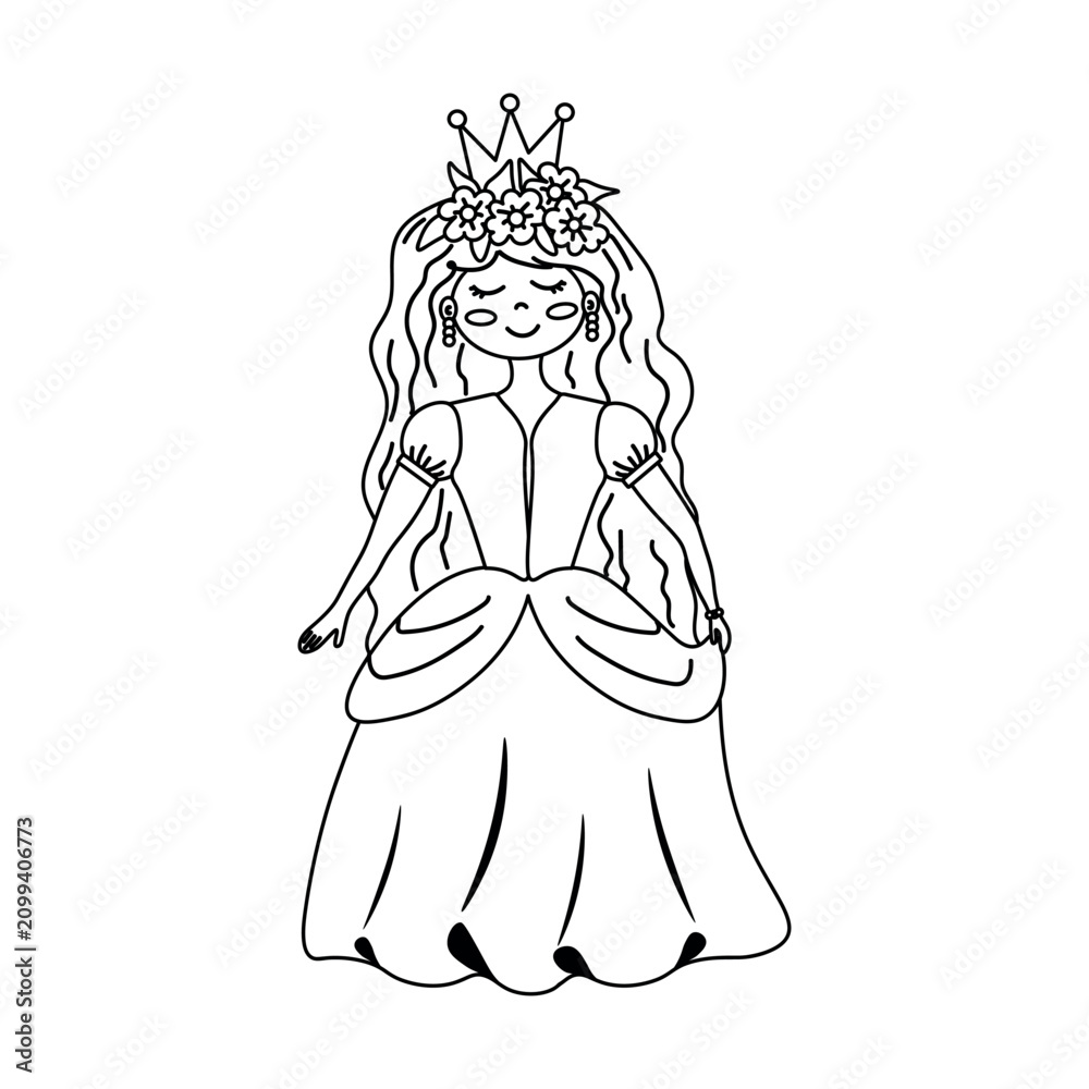 Fototapeta premium Printable princess coloring page featuring a cute fairy tale princess wearing a crown, floral wreath, elegant gown and jewelry designed for preschool and kindergarten children