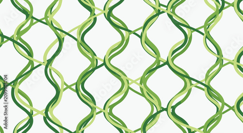 Abstract geometric pattern features intersecting wavy green ribbon lines creating a dynamic mesh on a white background.