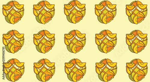 Geometric seamless pattern displays stylized yellow and orange citrus wheels divided into sections on a pale background.