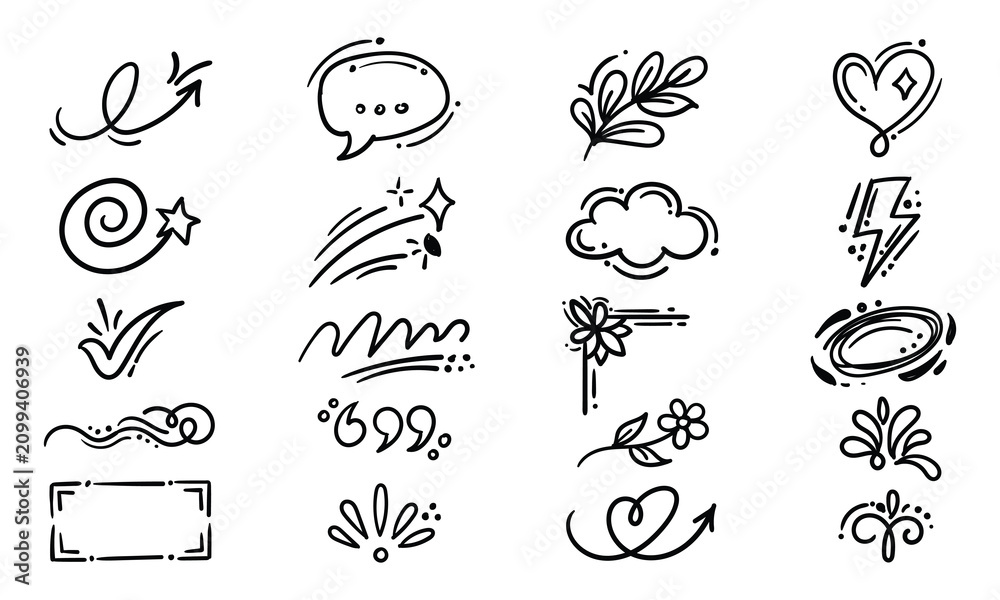 Fototapeta premium Hand drawn collection of love and romantic doodle elements, including hearts, decorative swirls, floral flourishes, and speech bubbles