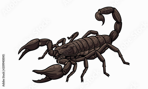 Obraz na płótnie A detailed vector illustration of a dark brown scorpion with a curved tail and p