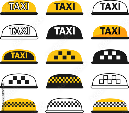 Taxi roof sign icons set with checkered patterns isolated on white background flat vector illustration