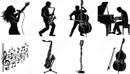Photography Music silhouette collection with jazz musicians, instruments, and performance el