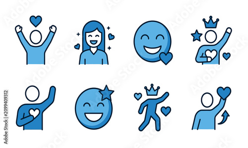 Bild auf Leinwand Collection of happiness icons depicting joyful figures hearts and celebratory ge
