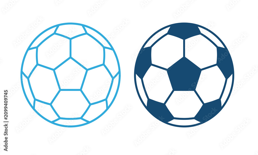 Naklejka premium Two soccer balls a light blue outline and a dark blue filled version against a white background ball football sphere round