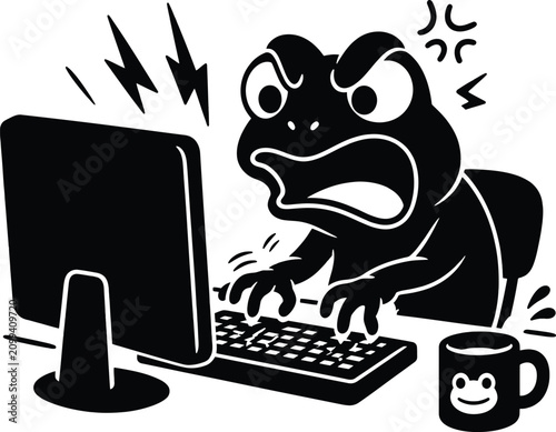 Angry cartoon frog typing on computer keyboard with frustration stress and workplace humor illustration