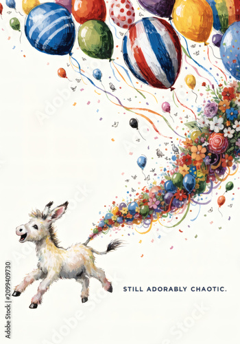 Adorable Baby Donkey Running with a Colorful Birthday Garland, Whimsical Hand Painted Greeting Card Illustration