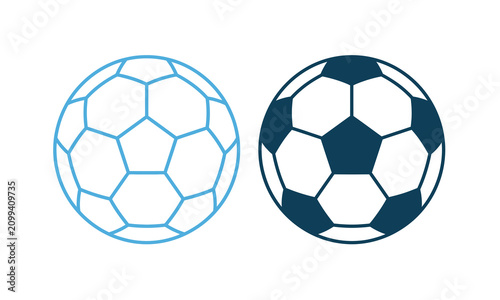 Two soccer balls a light blue outline and a dark blue filled shape against a white background ball football