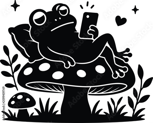 Cute frog relaxing on a mushroom while using a smartphone in a whimsical forest illustration