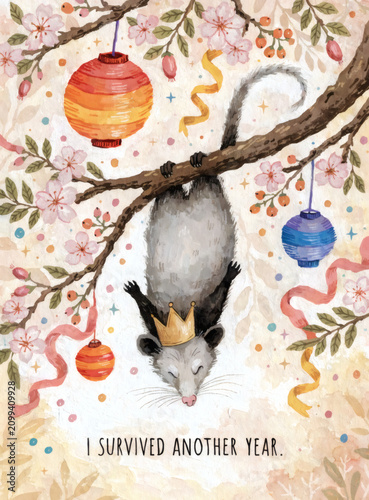 Sleepy Possum Hanging from a Tree Wearing a Birthday Crown, Whimsical Hand Painted Greeting Card Illustration