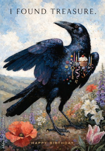 Black Crow Collecting Shiny Birthday Treasures, Whimsical Hand Painted Greeting Card Illustration in Storybook Gouache Style